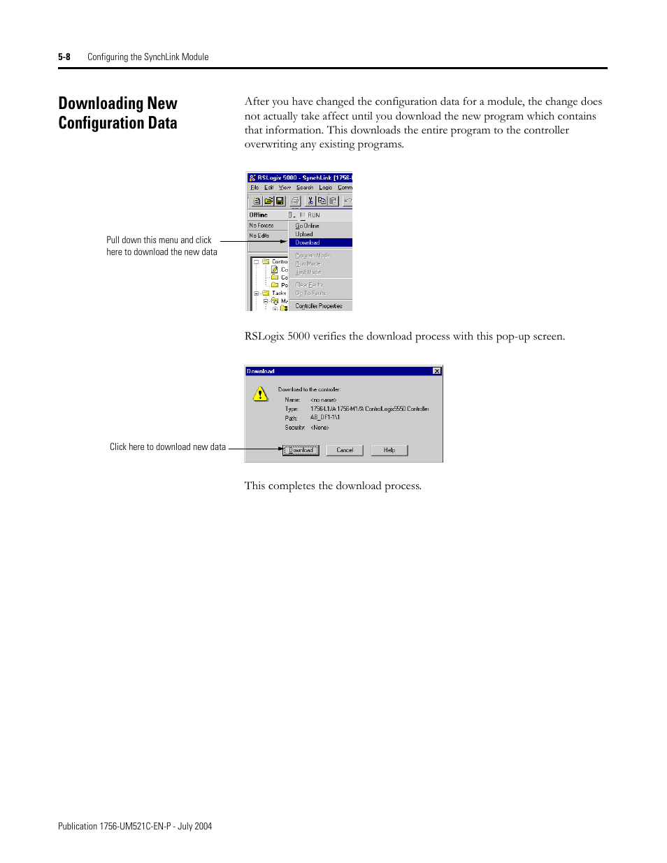 Downloading new configuration data, Downloading new configuration data -8 | Rockwell Automation 1756-SYNCH ControlLogix SynchLink Module User Manual User Manual | Page 60 / 146