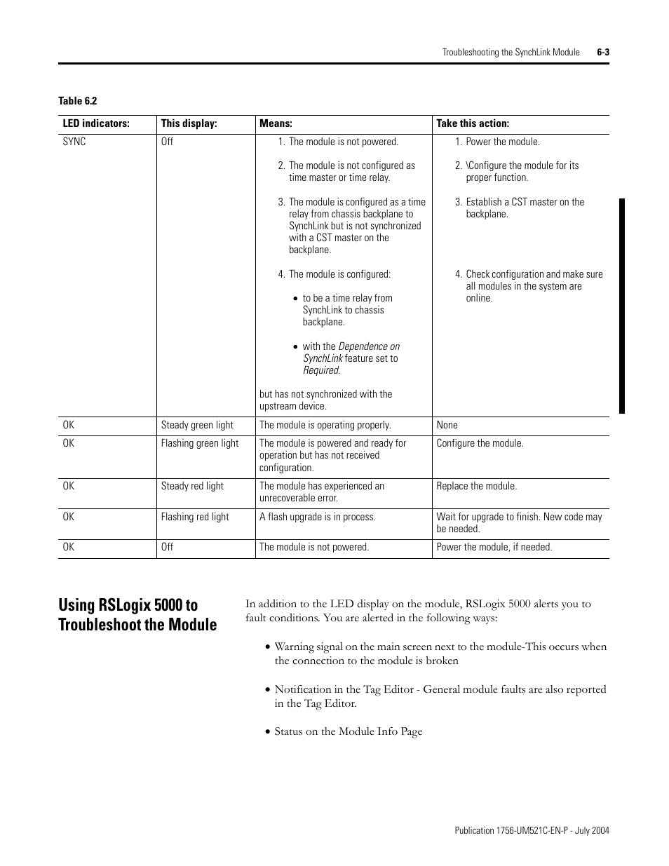Using rslogix 5000 to troubleshoot the module, Using rslogix 5000 to troubleshoot the module -3 | Rockwell Automation 1756-SYNCH ControlLogix SynchLink Module User Manual User Manual | Page 65 / 146
