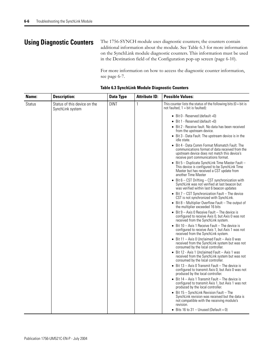 Using diagnostic counters, Using diagnostic counters -6 | Rockwell Automation 1756-SYNCH ControlLogix SynchLink Module User Manual User Manual | Page 68 / 146