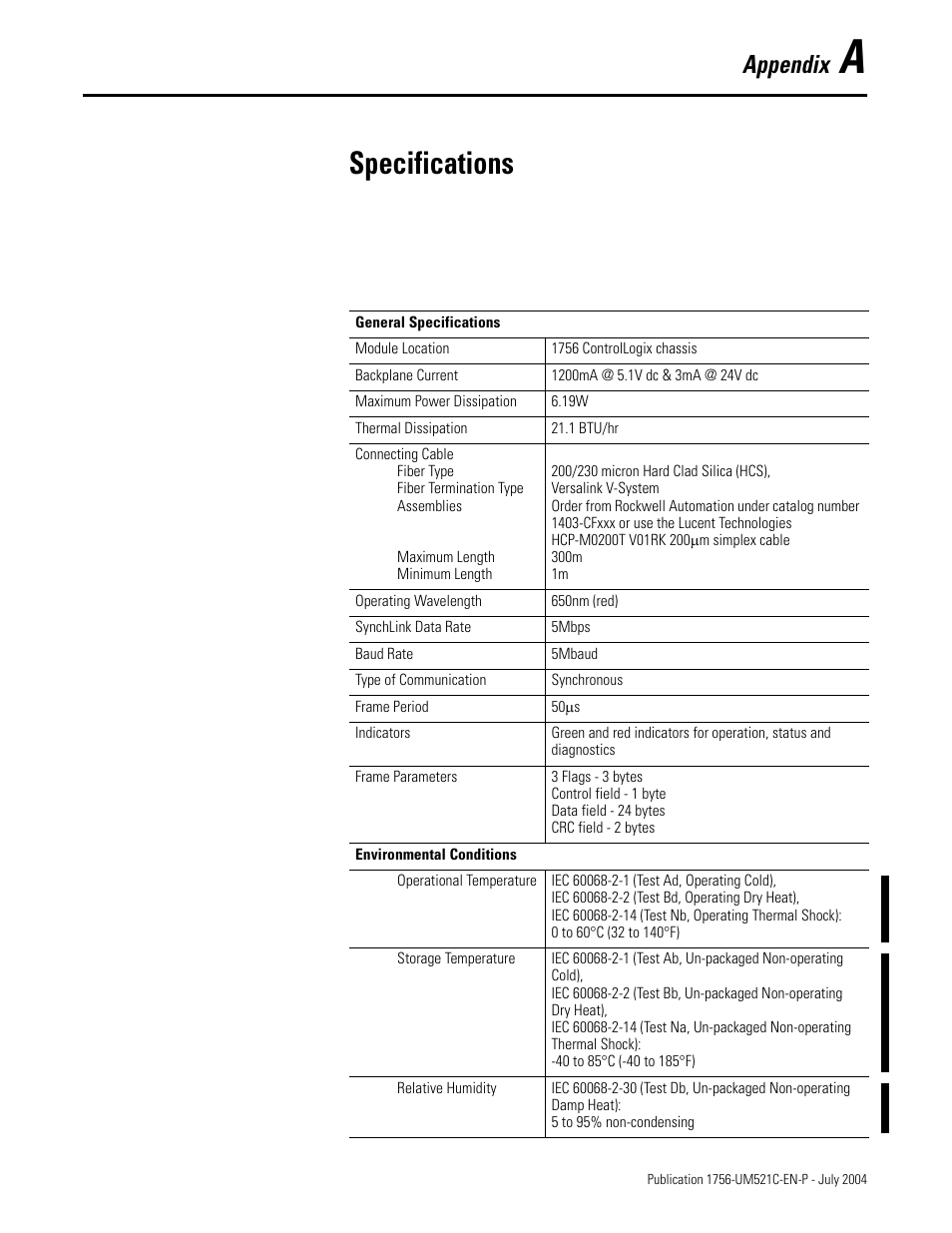 A - specifications, Appendix a, Specifications | Appendix | Rockwell Automation 1756-SYNCH ControlLogix SynchLink Module User Manual User Manual | Page 75 / 146