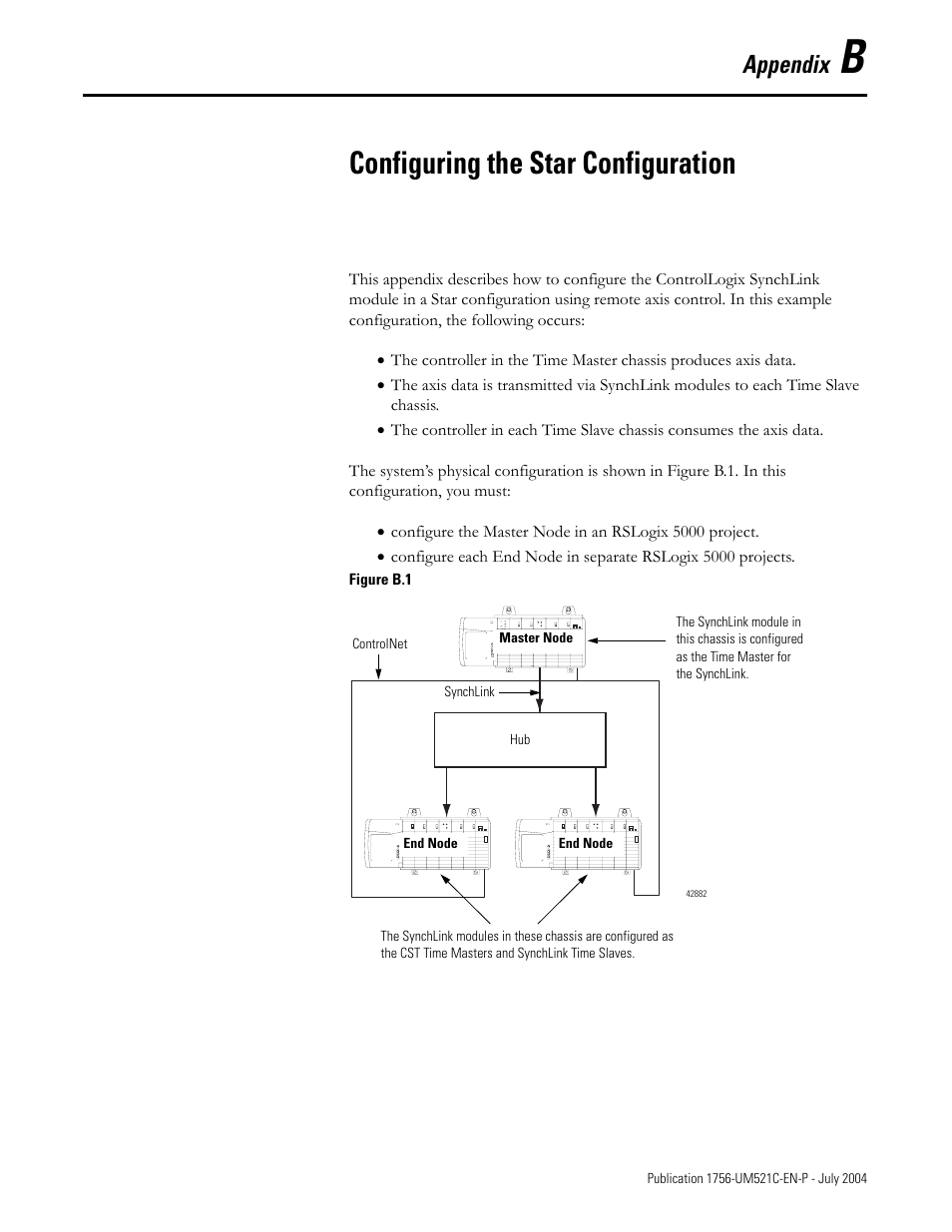 B - configuring the star configuration, Appendix b, Configuring the star configuration | E appendix b, Star configuration - appendix b - t, E appendix b for an example, Appendix | Rockwell Automation 1756-SYNCH ControlLogix SynchLink Module User Manual User Manual | Page 77 / 146