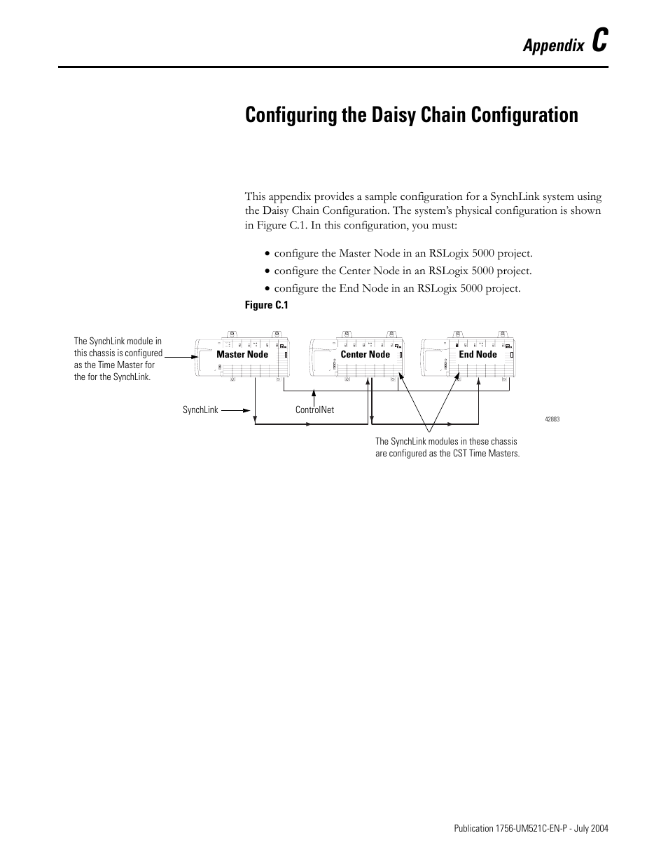 C - configuring the daisy chain configuration, Appendix c, Configuring the daisy chain configuration | N - appendix c, See appendix for an example, Appendix c - daisy chain configuration, Appendix | Rockwell Automation 1756-SYNCH ControlLogix SynchLink Module User Manual User Manual | Page 95 / 146