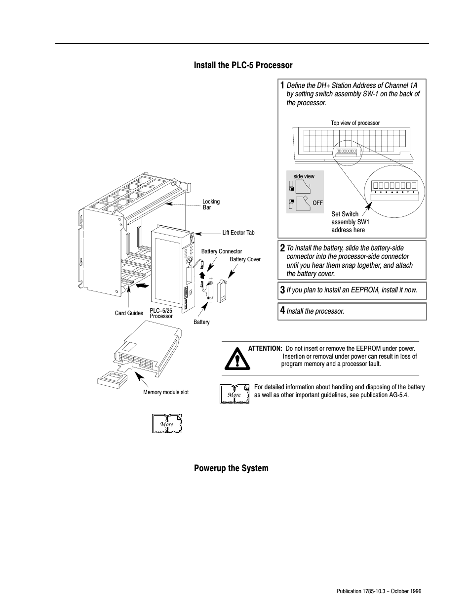 Install the plcć5 processor, Powerup the system | Rockwell Automation 1785-LTx,D178510.3 QUICK START CLASSIC PLC-5 PROG User Manual | Page 12 / 25