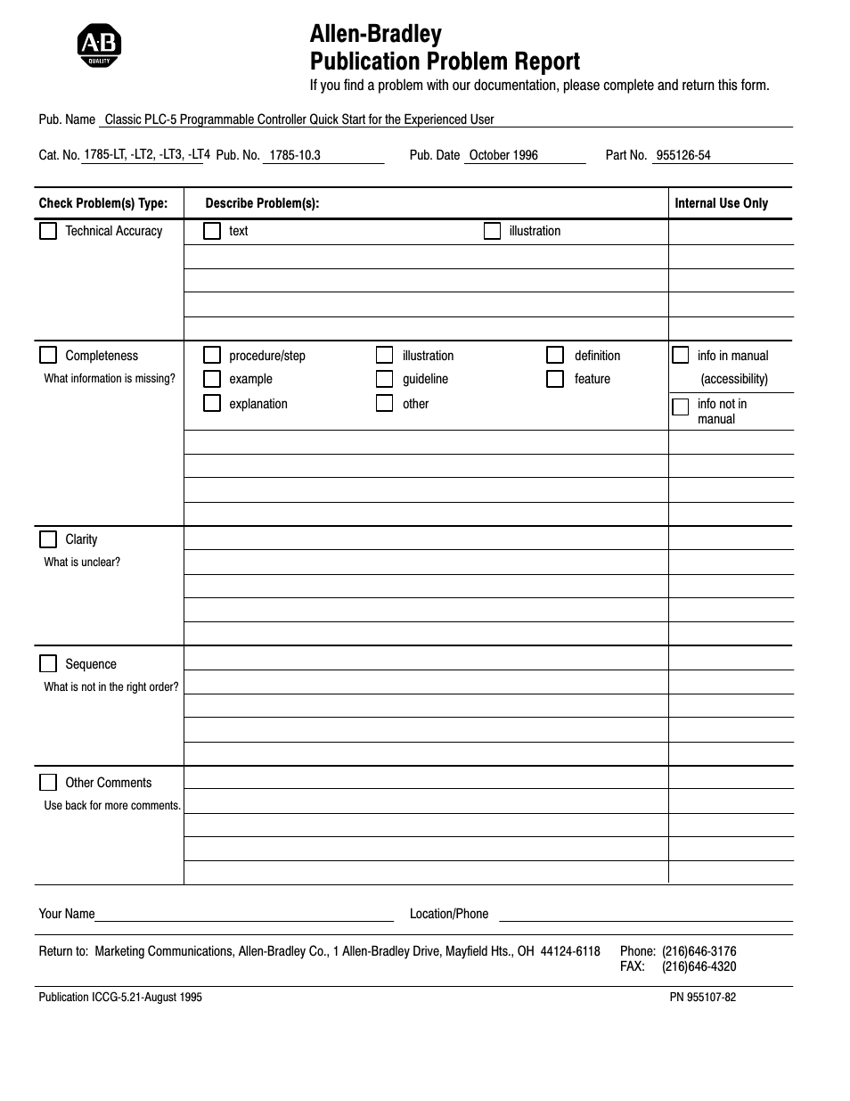 Publication problem report, Allenćbradley publication problem report | Rockwell Automation 1785-LTx,D178510.3 QUICK START CLASSIC PLC-5 PROG User Manual | Page 23 / 25