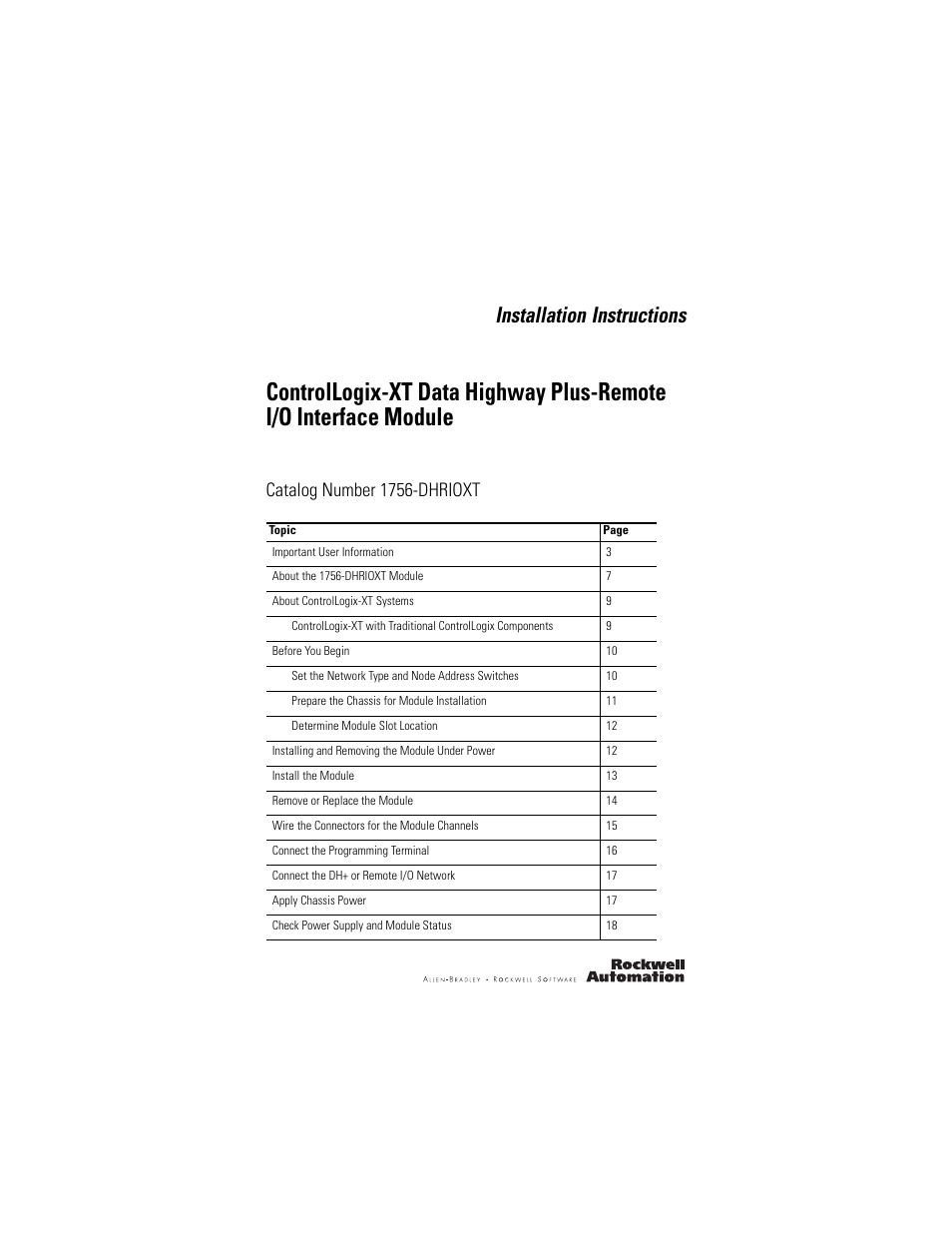 Rockwell Automation 1756-DHRIOXT ControlLogix-XT Data Highway Plus-Remote I/O Communication Interface Module User Manual | 32 pages