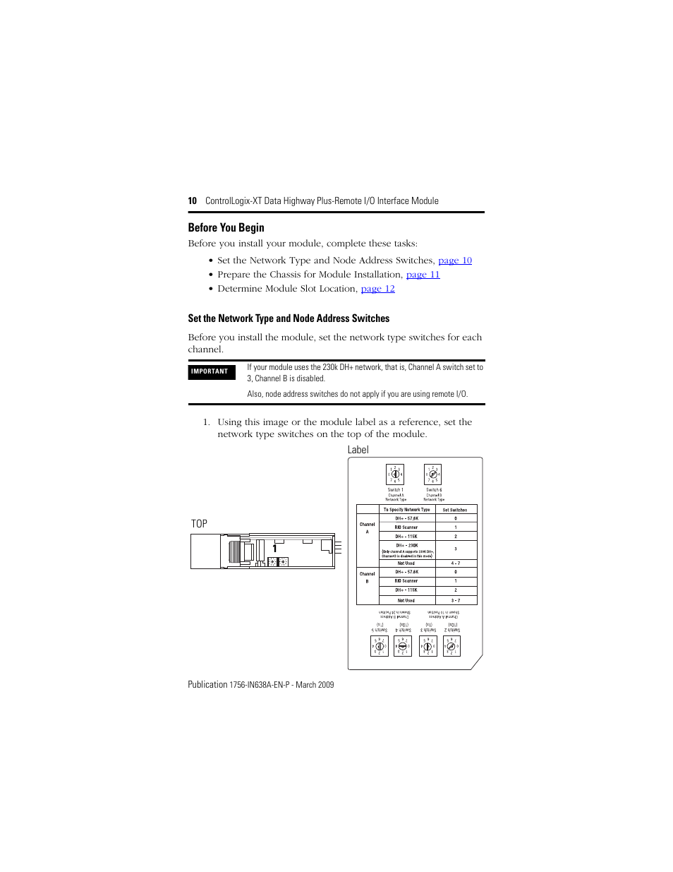 Before you begin, Set the network type and node address switches | Rockwell Automation 1756-DHRIOXT ControlLogix-XT Data Highway Plus-Remote I/O Communication Interface Module User Manual | Page 10 / 32