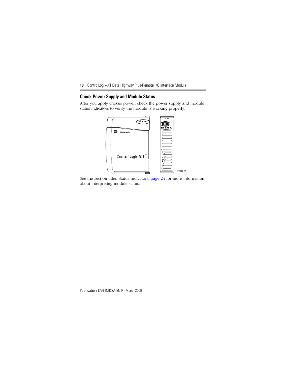 Check power supply and module status | Rockwell Automation 1756-DHRIOXT ControlLogix-XT Data Highway Plus-Remote I/O Communication Interface Module User Manual | Page 18 / 32