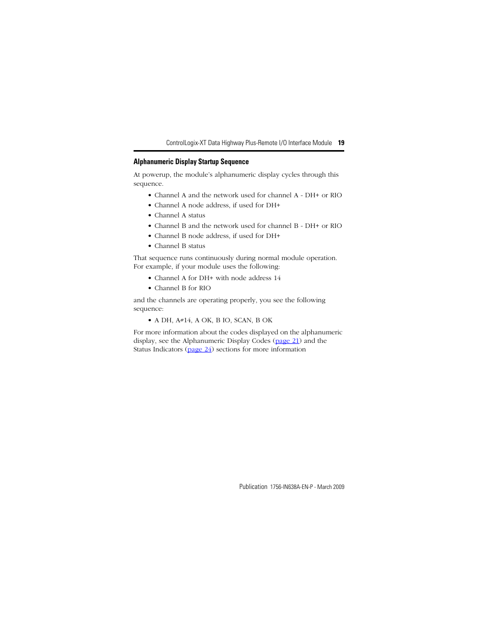 Alphanumeric display startup sequence | Rockwell Automation 1756-DHRIOXT ControlLogix-XT Data Highway Plus-Remote I/O Communication Interface Module User Manual | Page 19 / 32