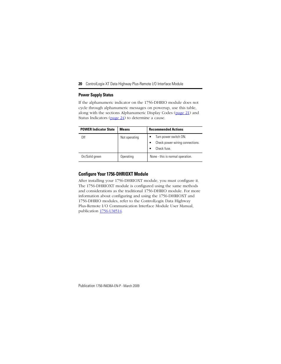 Power supply status, Configure your 1756-dhrioxt module | Rockwell Automation 1756-DHRIOXT ControlLogix-XT Data Highway Plus-Remote I/O Communication Interface Module User Manual | Page 20 / 32