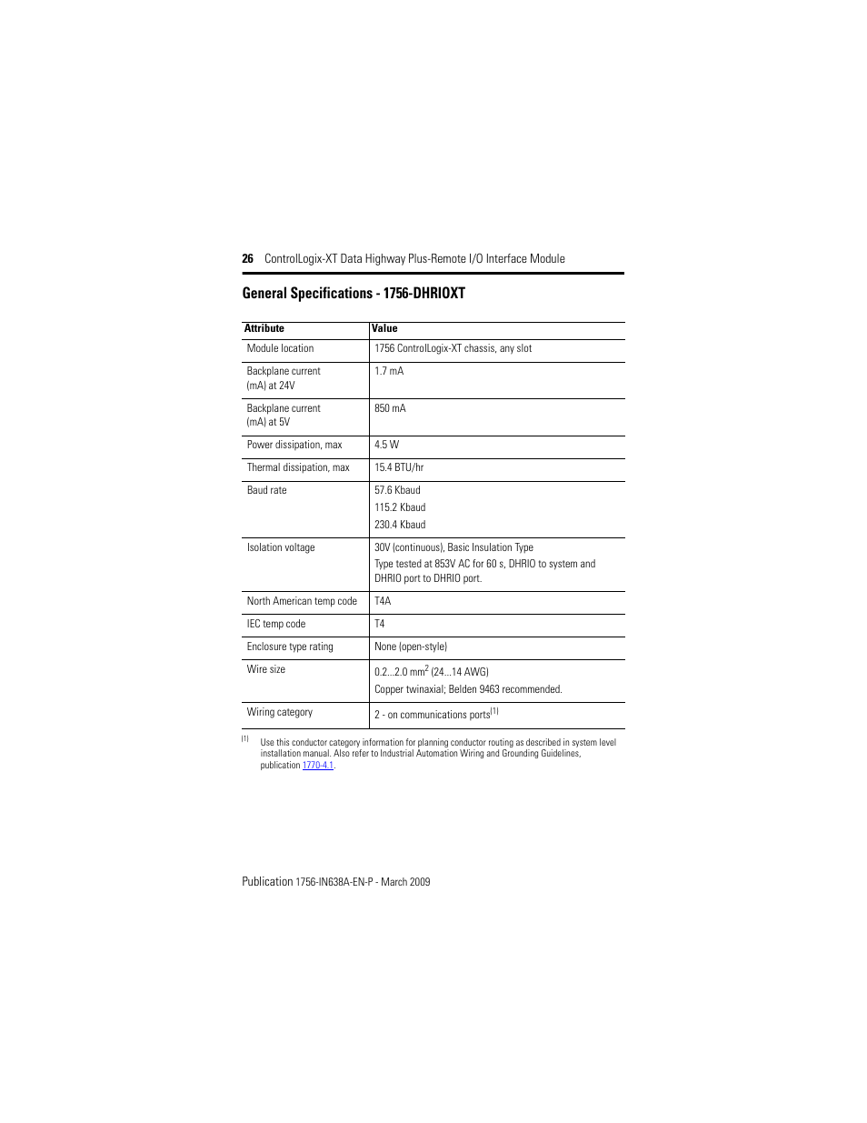 General specifications - 1756-dhrioxt | Rockwell Automation 1756-DHRIOXT ControlLogix-XT Data Highway Plus-Remote I/O Communication Interface Module User Manual | Page 26 / 32