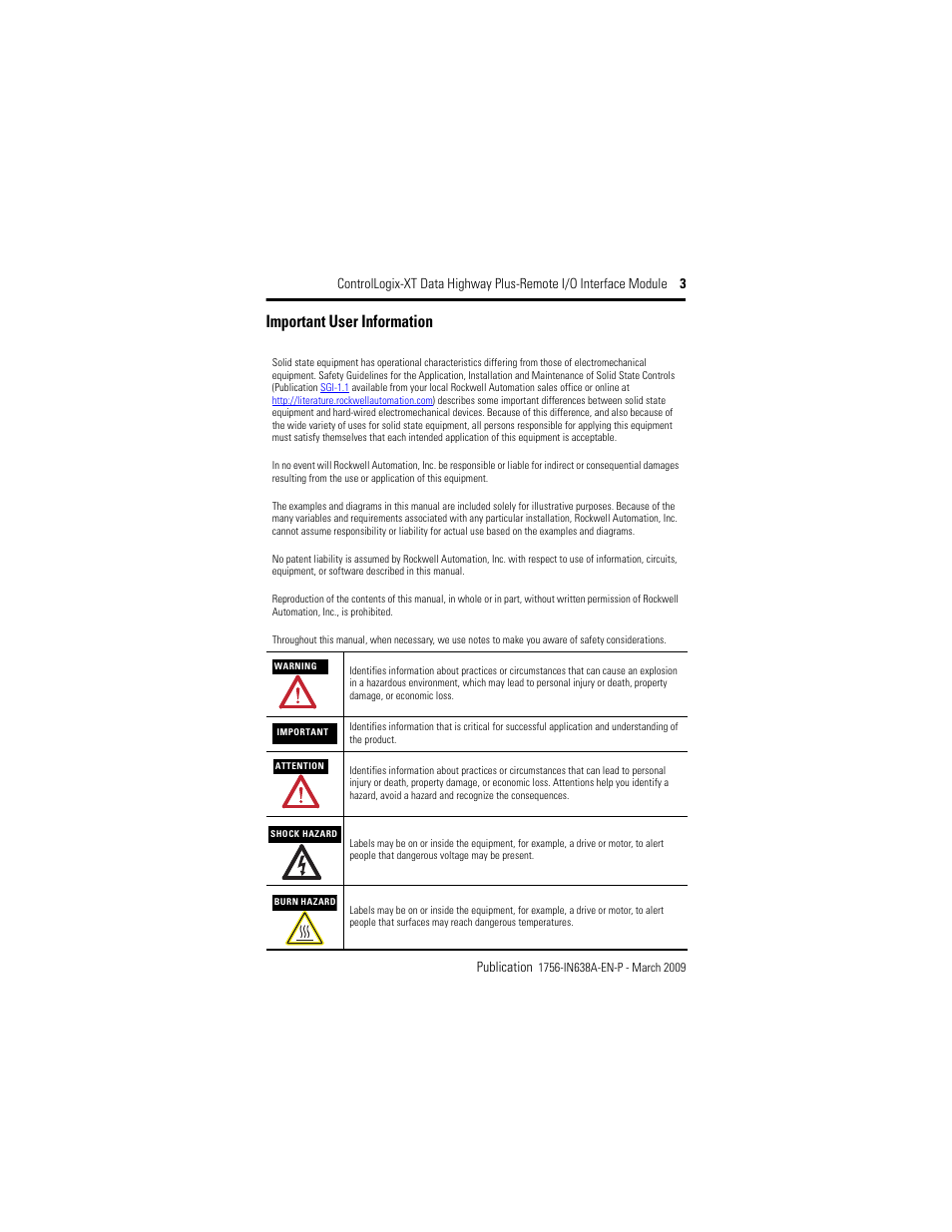 Important user information | Rockwell Automation 1756-DHRIOXT ControlLogix-XT Data Highway Plus-Remote I/O Communication Interface Module User Manual | Page 3 / 32