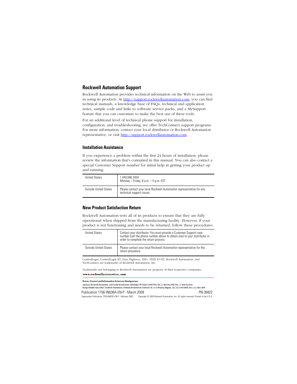 Rockwell automation support, Installation assistance, New product satisfaction return | Rockwell Automation 1756-DHRIOXT ControlLogix-XT Data Highway Plus-Remote I/O Communication Interface Module User Manual | Page 32 / 32
