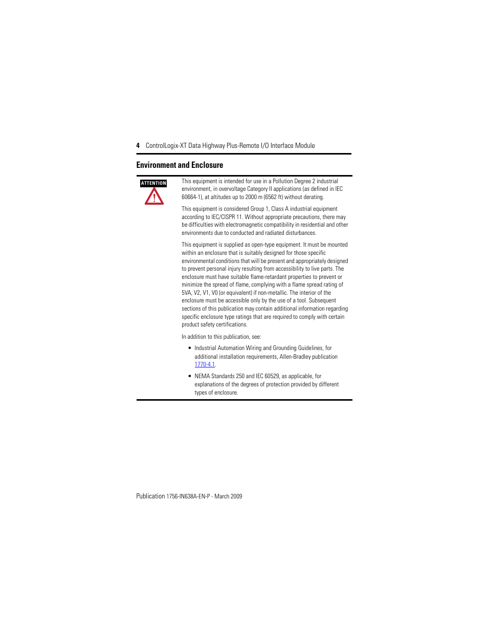 Environment and enclosure | Rockwell Automation 1756-DHRIOXT ControlLogix-XT Data Highway Plus-Remote I/O Communication Interface Module User Manual | Page 4 / 32