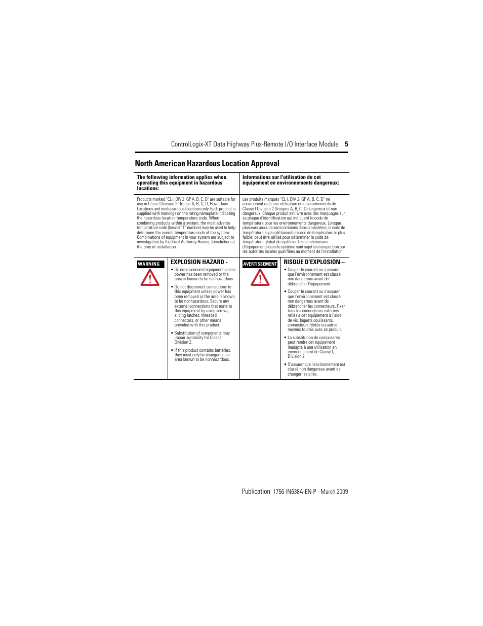 North american hazardous location approval | Rockwell Automation 1756-DHRIOXT ControlLogix-XT Data Highway Plus-Remote I/O Communication Interface Module User Manual | Page 5 / 32