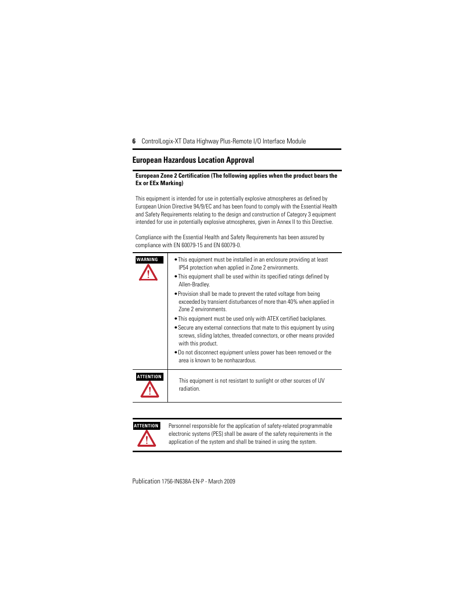 European hazardous location approval | Rockwell Automation 1756-DHRIOXT ControlLogix-XT Data Highway Plus-Remote I/O Communication Interface Module User Manual | Page 6 / 32