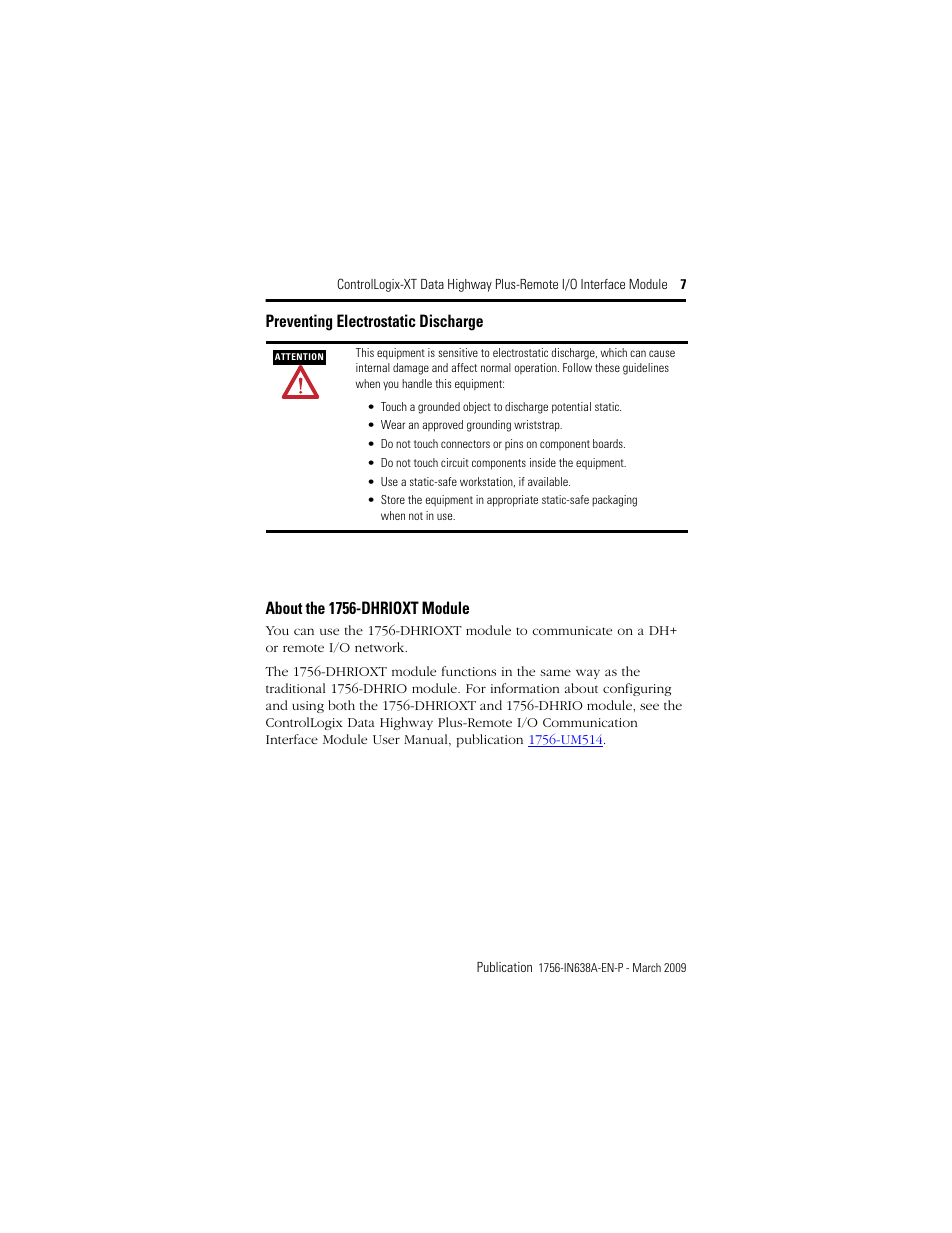 Preventing electrostatic discharge, About the 1756-dhrioxt module | Rockwell Automation 1756-DHRIOXT ControlLogix-XT Data Highway Plus-Remote I/O Communication Interface Module User Manual | Page 7 / 32