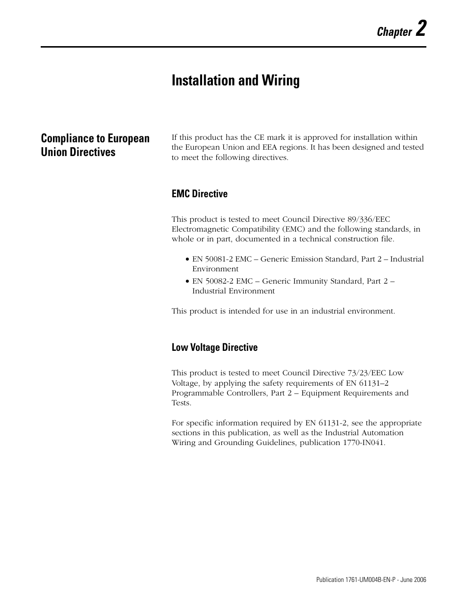 2 - installation and wiring, Compliance to european union directives, Chapter 2 | Installation and wiring, Emc directive low voltage directive, Chapter | Rockwell Automation 1761-NET-AIC Advanced Interface Converter (AIC+) User Manual User Manual | Page 13 / 46