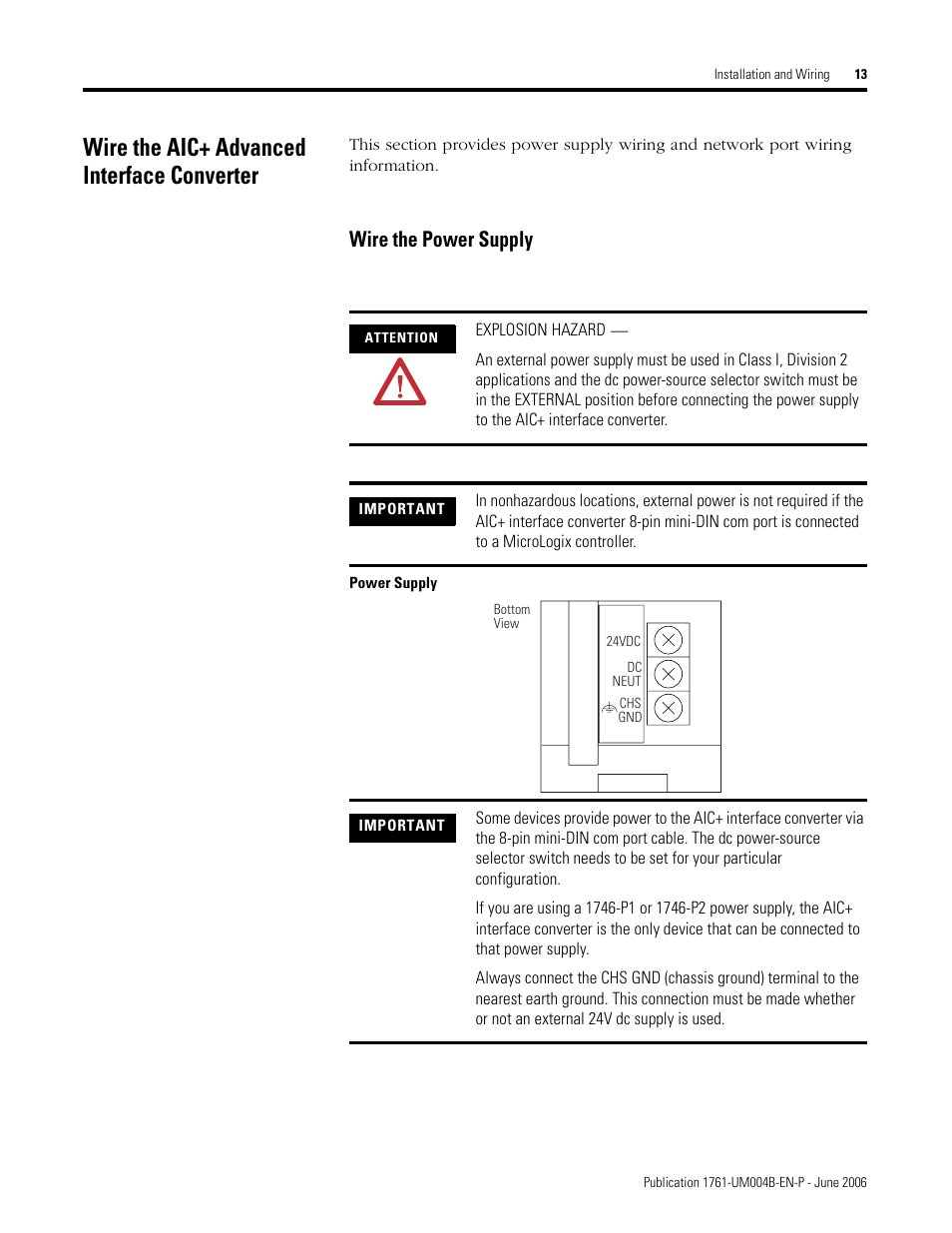 Wire the aic+ advanced interface converter, Wire the power supply | Rockwell Automation 1761-NET-AIC Advanced Interface Converter (AIC+) User Manual User Manual | Page 17 / 46