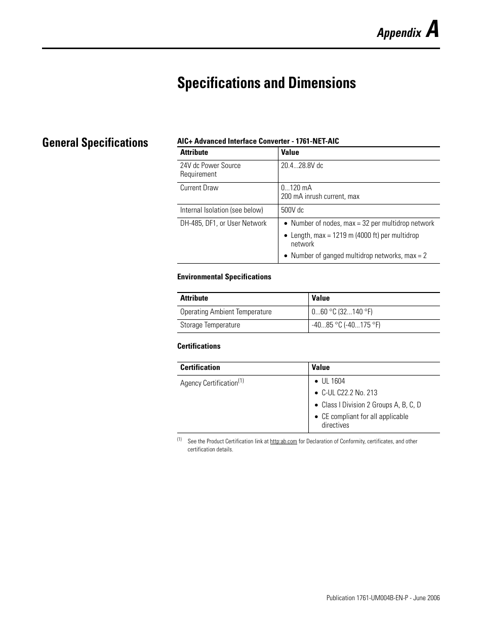 A - specifications and dimensions, General specifications, Appendix a | Specifications and dimensions, Appendix | Rockwell Automation 1761-NET-AIC Advanced Interface Converter (AIC+) User Manual User Manual | Page 37 / 46