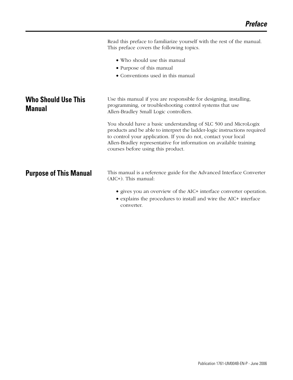 Preface, Who should use this manual, Purpose of this manual | Who should use this manual purpose of this manual | Rockwell Automation 1761-NET-AIC Advanced Interface Converter (AIC+) User Manual User Manual | Page 7 / 46