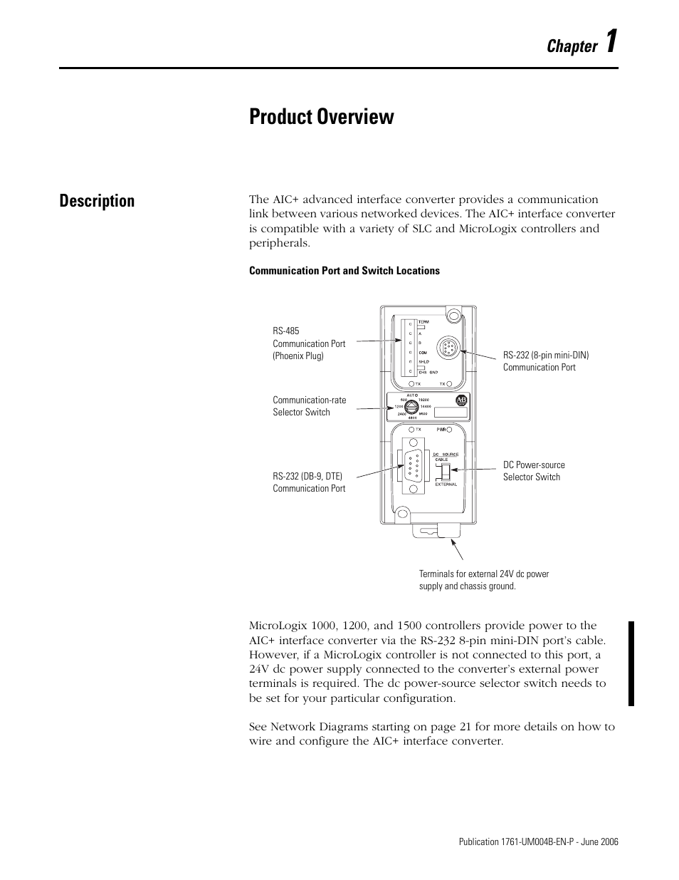1 - product overview, Description, Chapter 1 | Product overview, Chapter | Rockwell Automation 1761-NET-AIC Advanced Interface Converter (AIC+) User Manual User Manual | Page 9 / 46