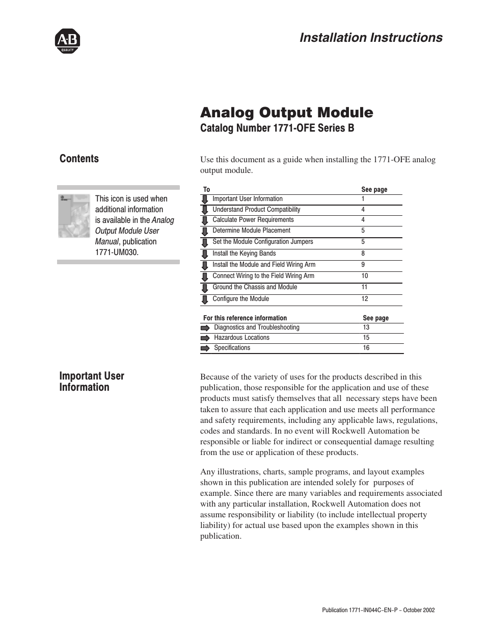 Rockwell Automation 1771-OFE Analog Output Module Installation Instructions User Manual | 20 pages