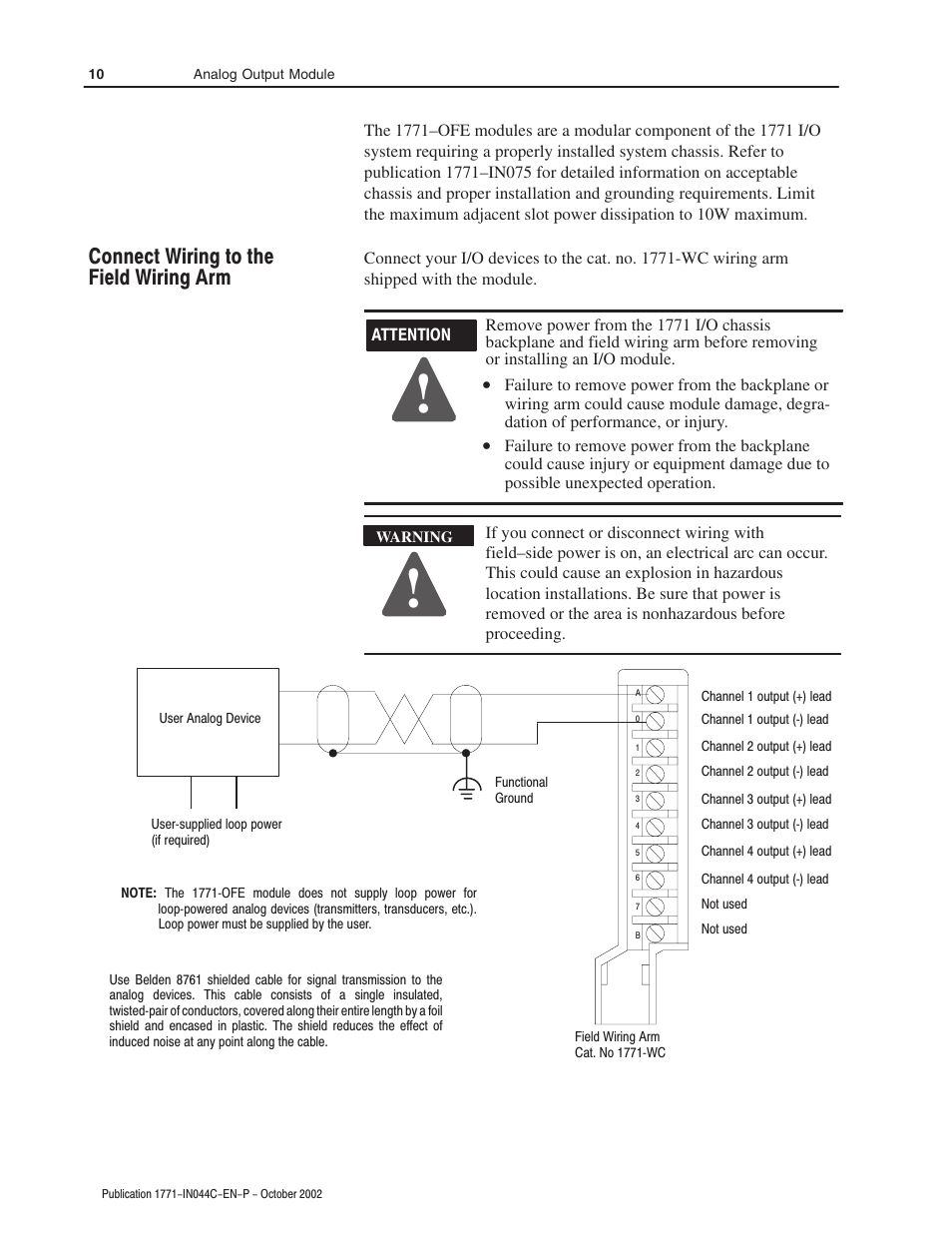 Connect wiring to the field wiring arm | Rockwell Automation 1771-OFE Analog Output Module Installation Instructions User Manual | Page 10 / 20