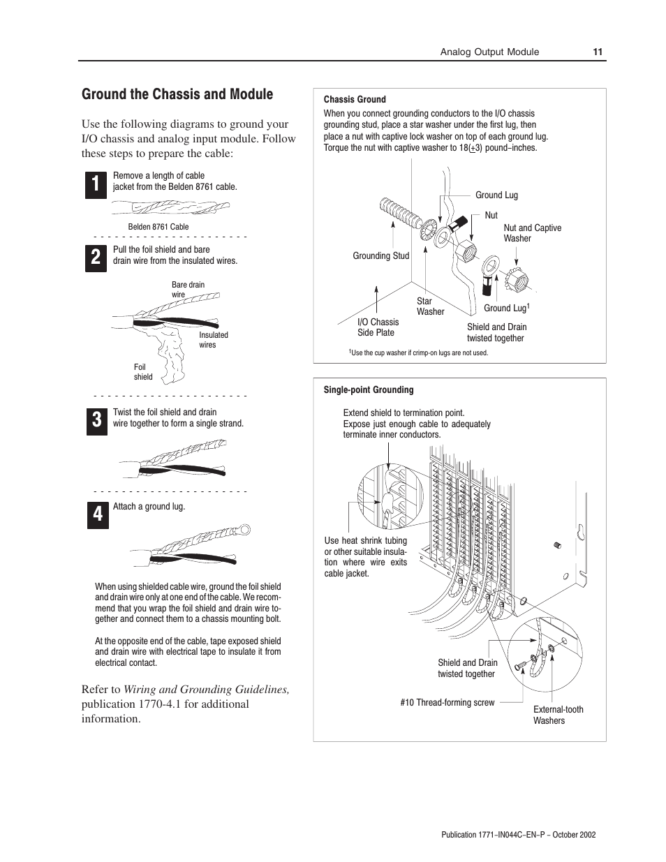 Ground the chassis and module | Rockwell Automation 1771-OFE Analog Output Module Installation Instructions User Manual | Page 11 / 20