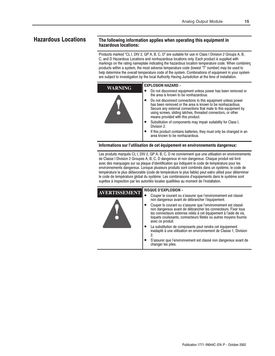 Hazardous locations | Rockwell Automation 1771-OFE Analog Output Module Installation Instructions User Manual | Page 15 / 20