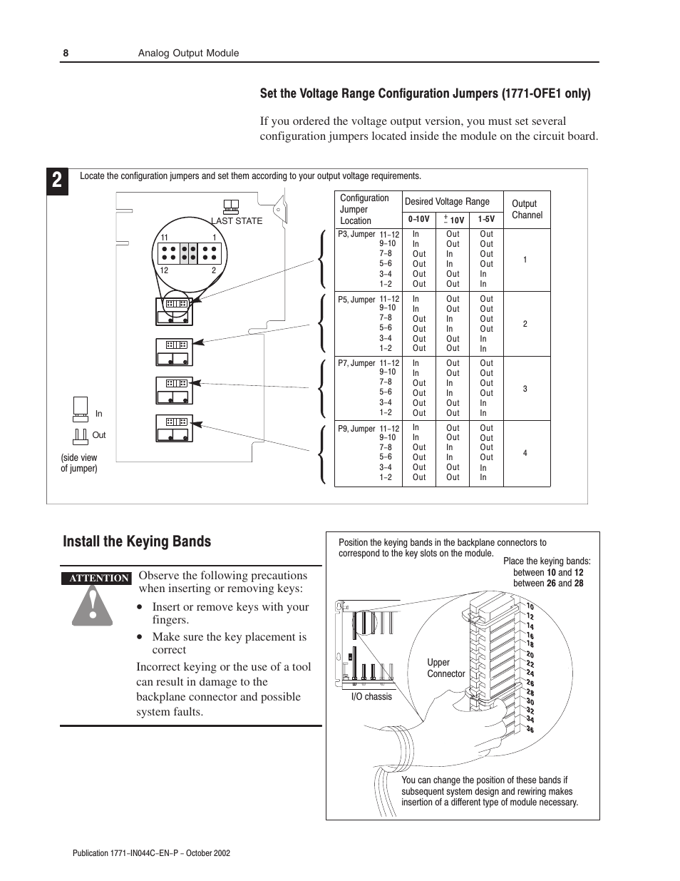 Install the keying bands, Insert or remove keys with your fingers | Rockwell Automation 1771-OFE Analog Output Module Installation Instructions User Manual | Page 8 / 20