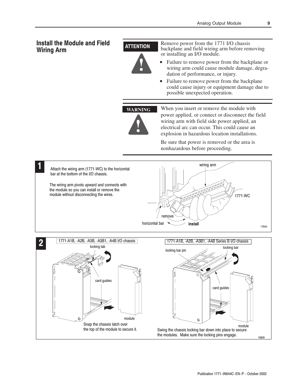 Install the module and field wiring arm | Rockwell Automation 1771-OFE Analog Output Module Installation Instructions User Manual | Page 9 / 20