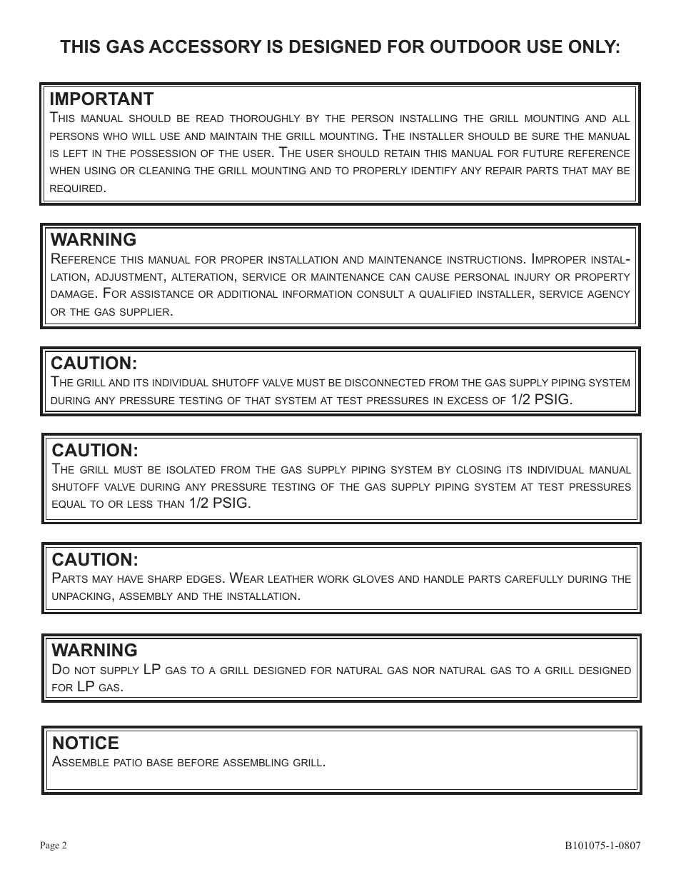 Important, Warning, Caution | Notice | Broilmaster SSPB26-1 User Manual | Page 2 / 8