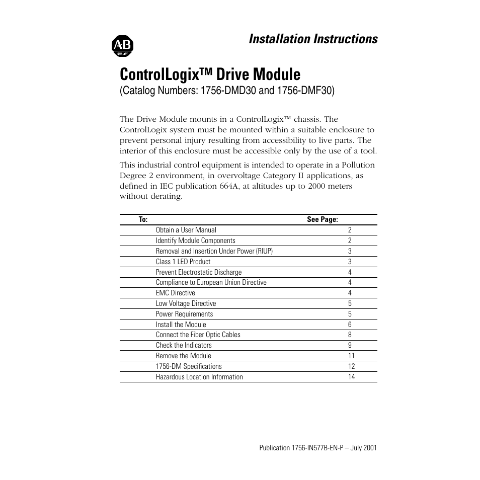 Rockwell Automation 1756-DMF30 ControlLogix Drive Module-Instructions User Manual | 16 pages