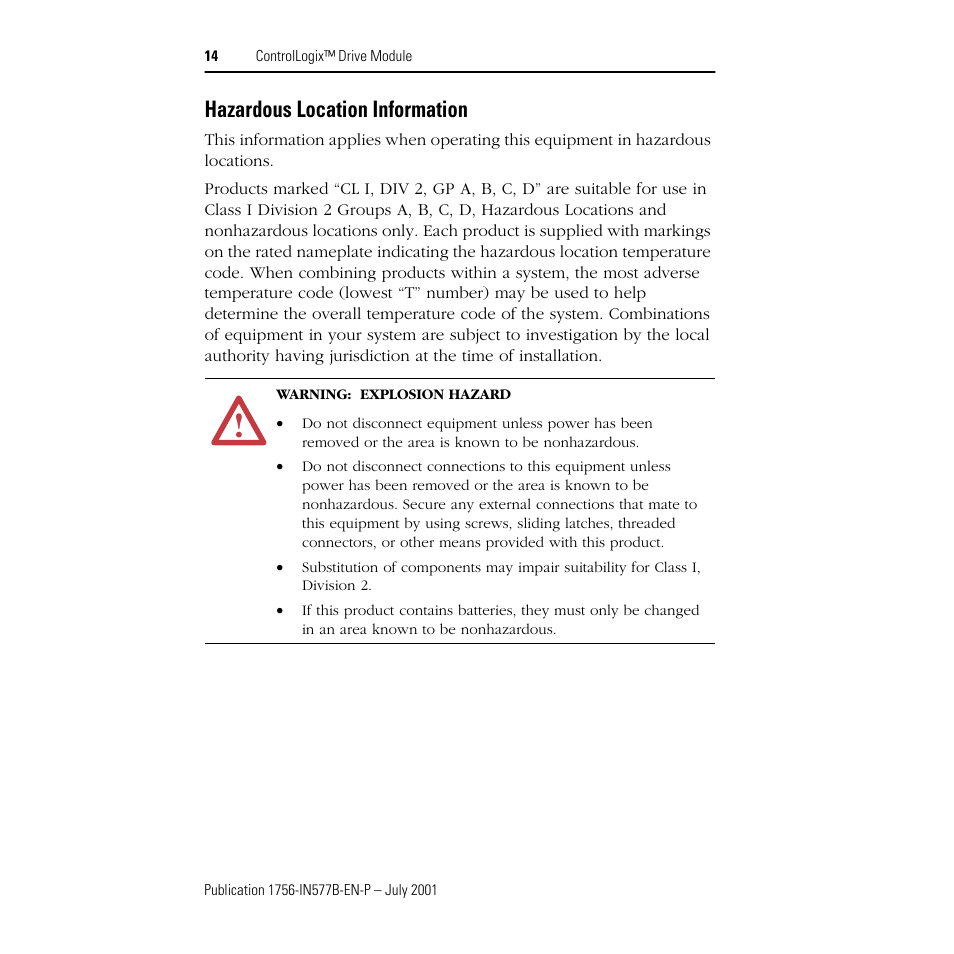 Hazardous location information | Rockwell Automation 1756-DMF30 ControlLogix Drive Module-Instructions User Manual | Page 14 / 16