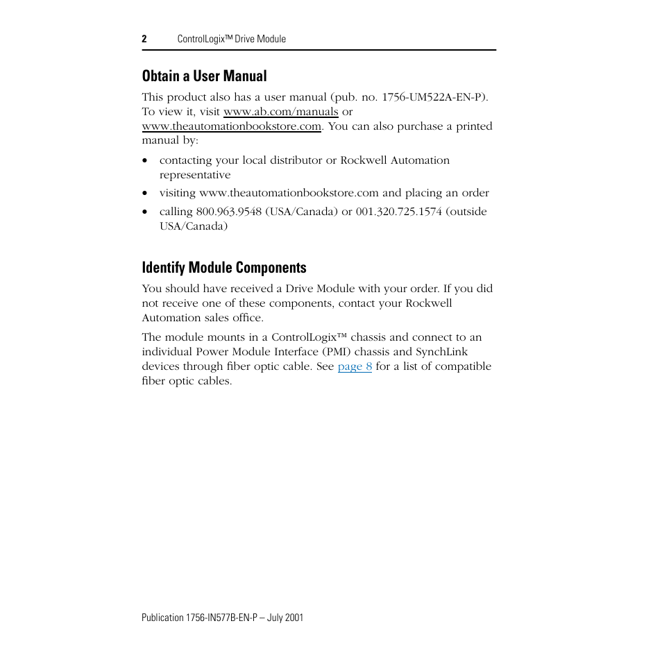 Obtain a user manual, Identify module components | Rockwell Automation 1756-DMF30 ControlLogix Drive Module-Instructions User Manual | Page 2 / 16