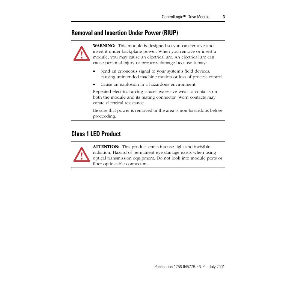 Removal and insertion under power (riup), Class 1 led product | Rockwell Automation 1756-DMF30 ControlLogix Drive Module-Instructions User Manual | Page 3 / 16