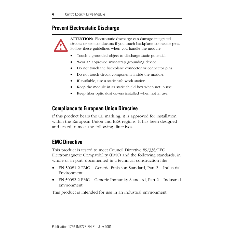 Prevent electrostatic discharge, Compliance to european union directive, Emc directive | Rockwell Automation 1756-DMF30 ControlLogix Drive Module-Instructions User Manual | Page 4 / 16