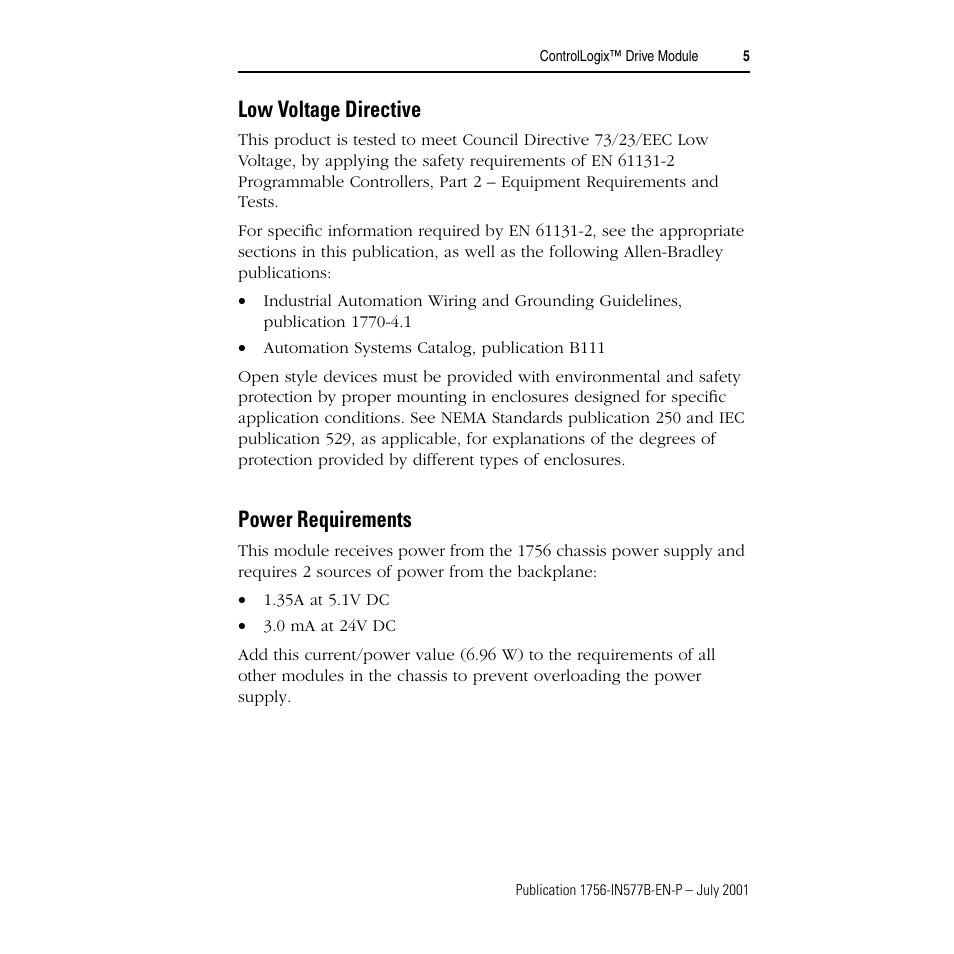 Low voltage directive, Power requirements | Rockwell Automation 1756-DMF30 ControlLogix Drive Module-Instructions User Manual | Page 5 / 16