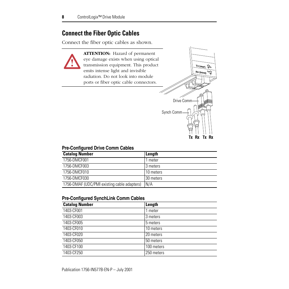 Connect the fiber optic cables | Rockwell Automation 1756-DMF30 ControlLogix Drive Module-Instructions User Manual | Page 8 / 16