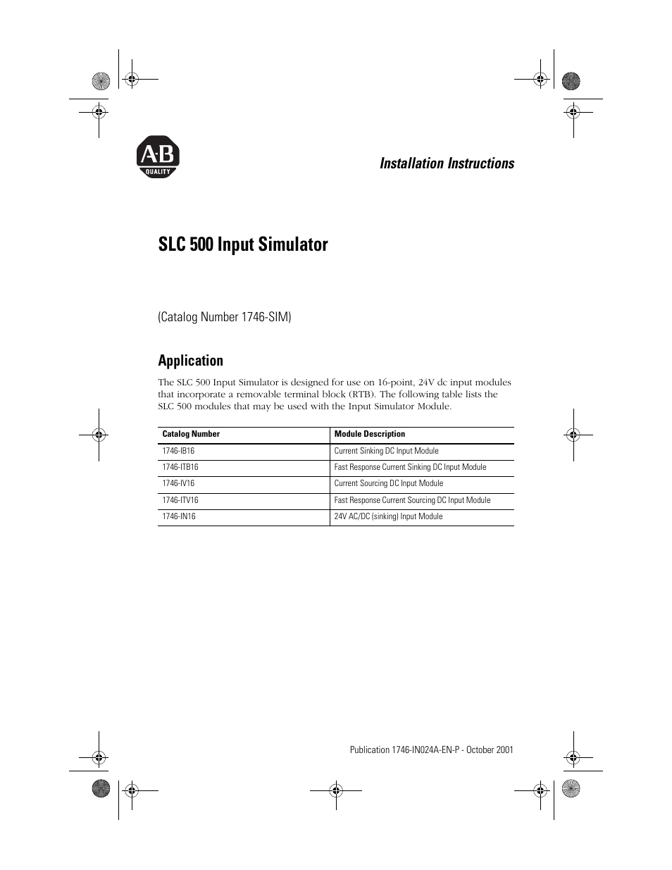 Rockwell Automation 1746-SIM SLC 500 Input Simulator Installation Instructions User Manual | 4 pages