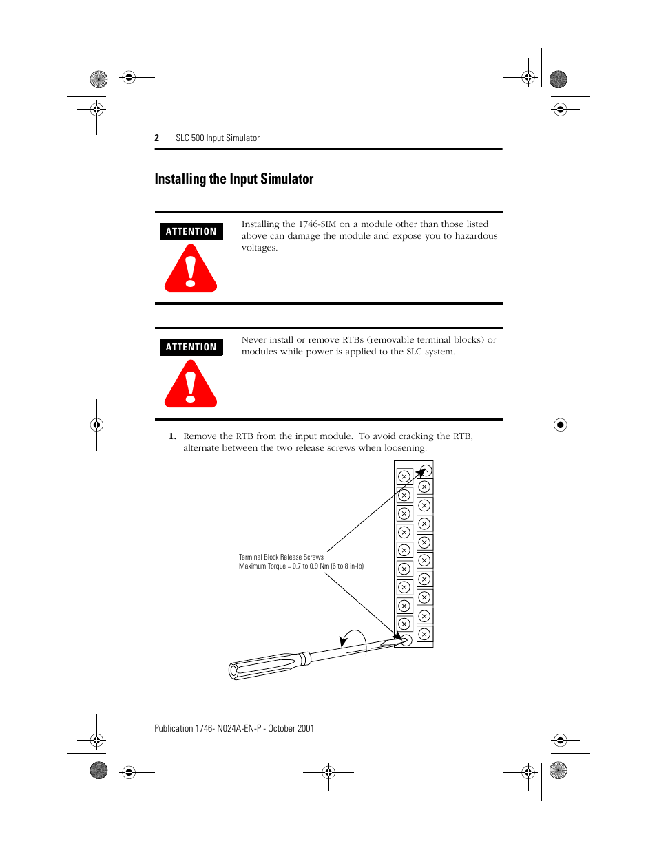 Installing the input simulator | Rockwell Automation 1746-SIM SLC 500 Input Simulator Installation Instructions User Manual | Page 2 / 4