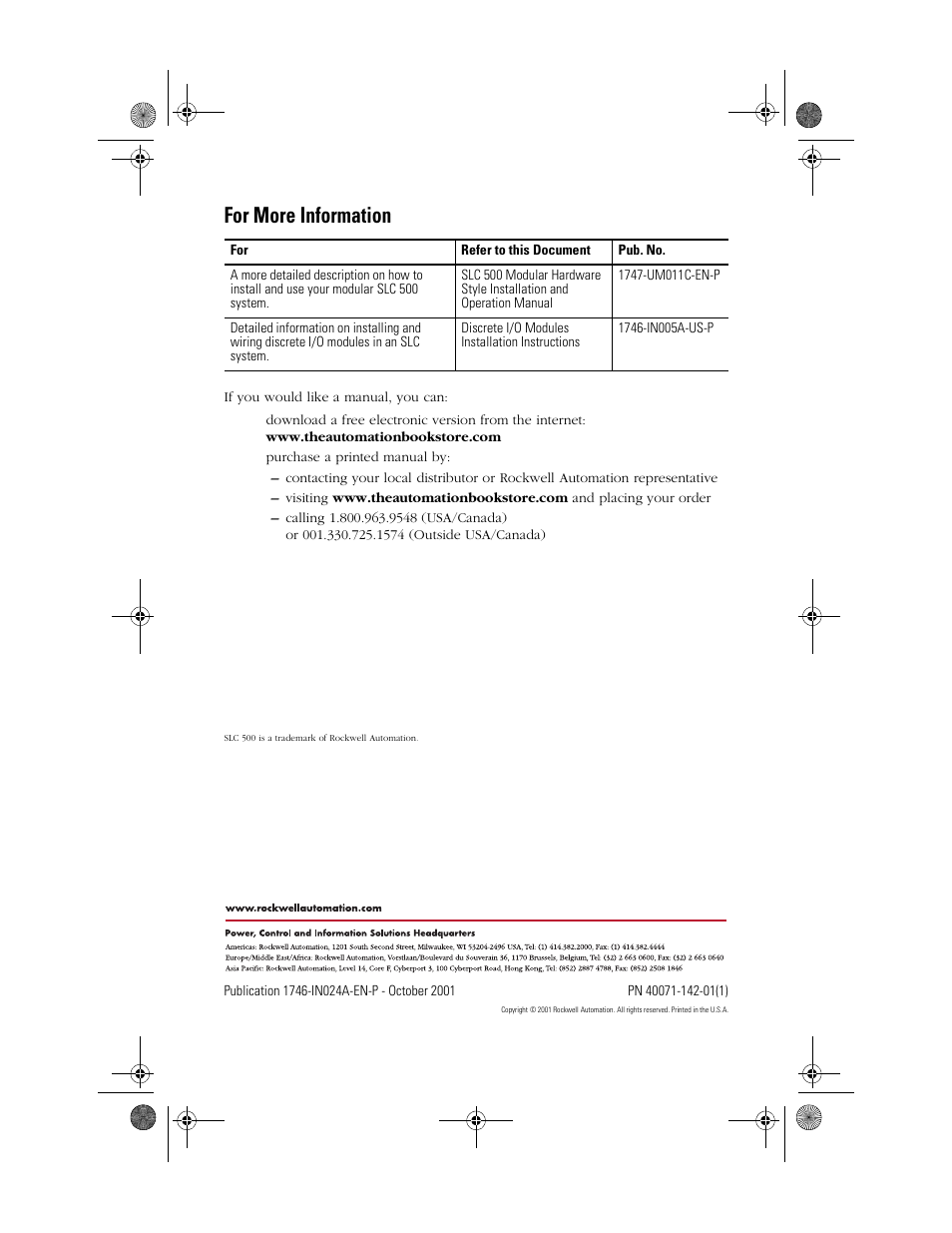 For more information, Back cover | Rockwell Automation 1746-SIM SLC 500 Input Simulator Installation Instructions User Manual | Page 4 / 4