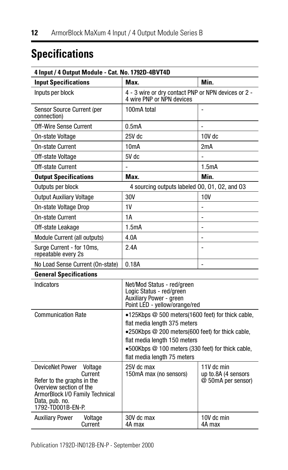 Specifications | Rockwell Automation 1792D-4BVT4D ArmorBlock MaXum 4 Input/4 Output Module Series B User Manual | Page 12 / 16