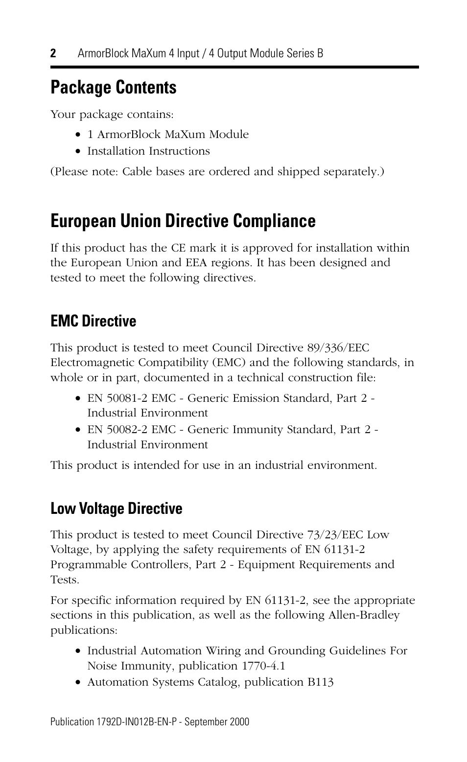 Package contents, European union directive compliance, Emc directive | Low voltage directive | Rockwell Automation 1792D-4BVT4D ArmorBlock MaXum 4 Input/4 Output Module Series B User Manual | Page 2 / 16