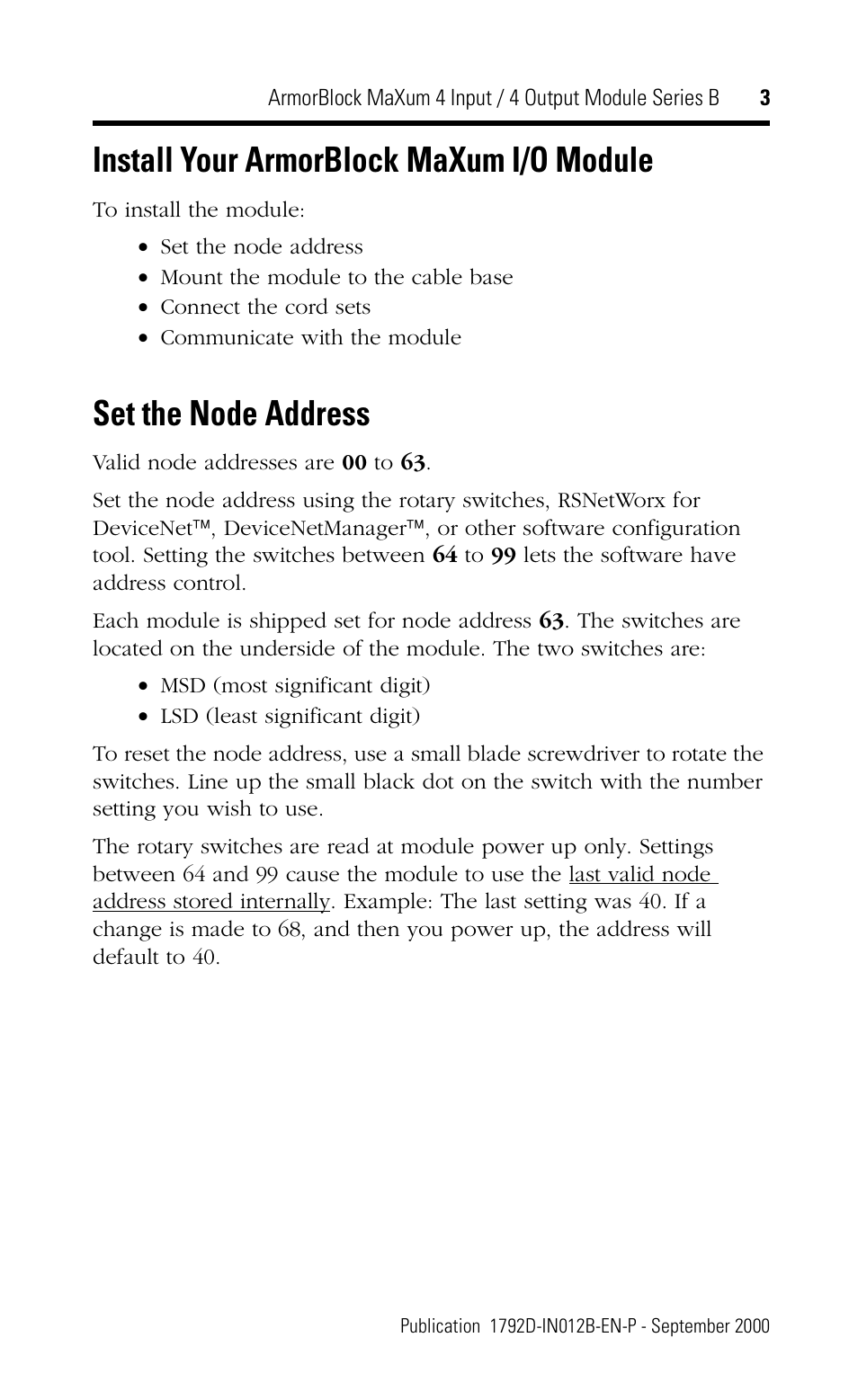 Install your armorblock maxum i/o module, Set the node address | Rockwell Automation 1792D-4BVT4D ArmorBlock MaXum 4 Input/4 Output Module Series B User Manual | Page 3 / 16