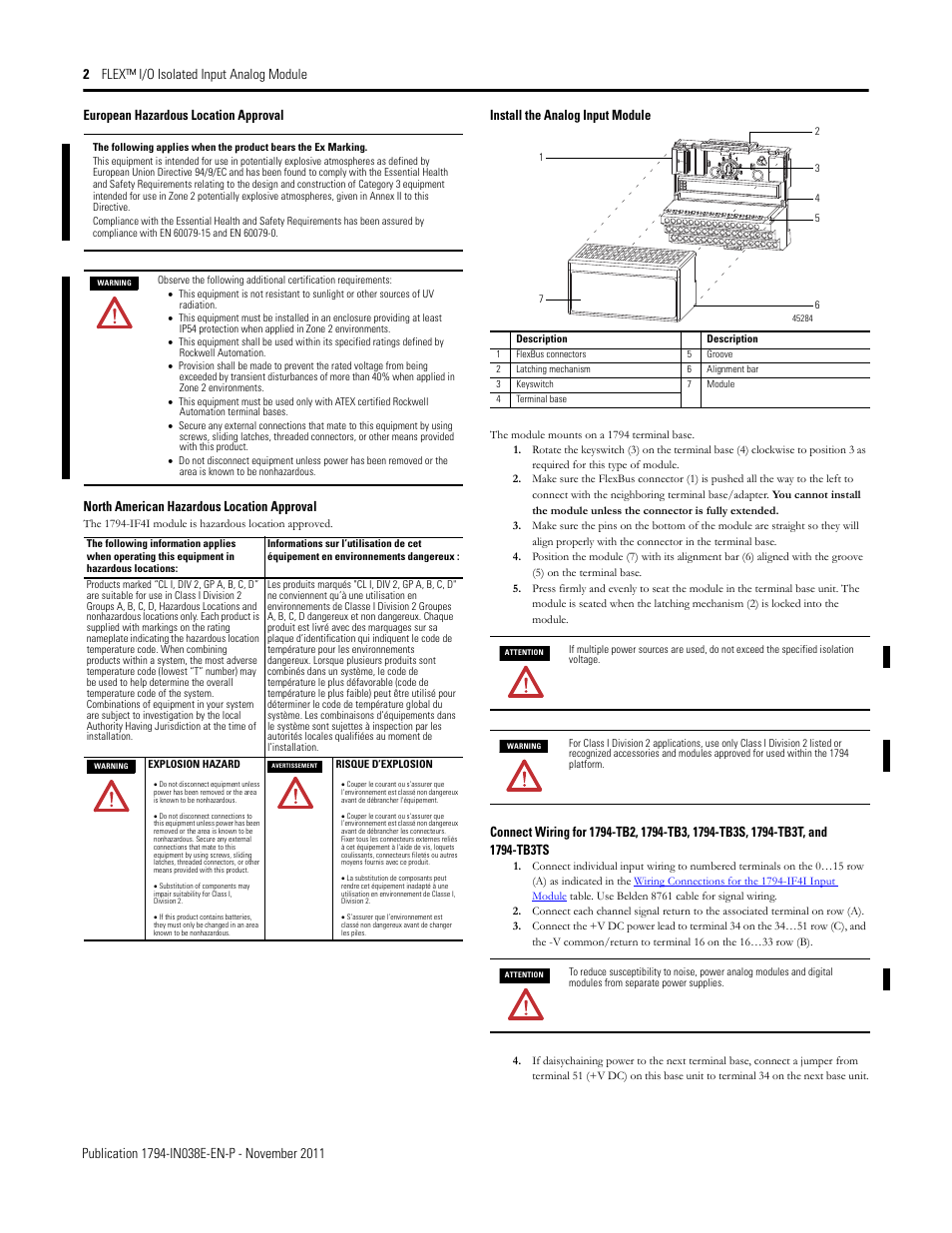 European hazardous location approval, North american hazardous location approval, Install the analog input module | Rockwell Automation 1794-IF4I FLEX I/O 4 Isolated Input Module User Manual | Page 2 / 6