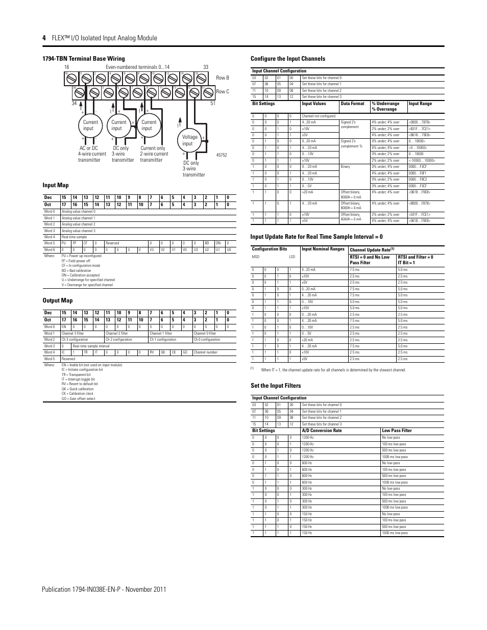 1794-tbn terminal base wiring input map, Output map, Configure the input channels | Set the input filters | Rockwell Automation 1794-IF4I FLEX I/O 4 Isolated Input Module User Manual | Page 4 / 6