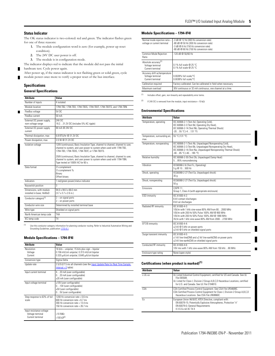 Status indicator, Specifications | Rockwell Automation 1794-IF4I FLEX I/O 4 Isolated Input Module User Manual | Page 5 / 6