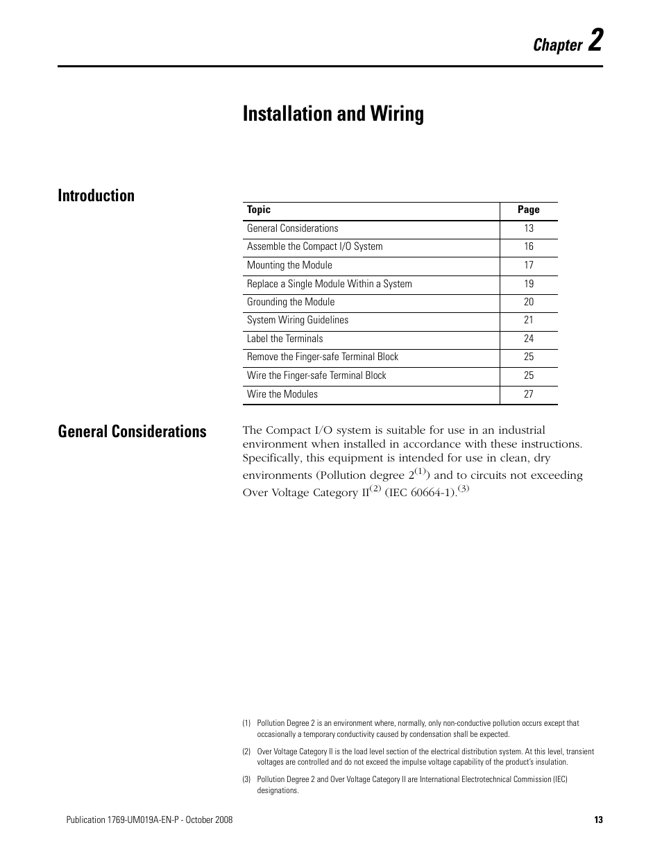 2 - installation and wiring, Introduction, General considerations | Chapter 2, Installation and wiring, Introduction general considerations, Chapter | Rockwell Automation 1769-IF4FXOF2F Compact Combination Fast Analog I/O Module User Manual | Page 13 / 94