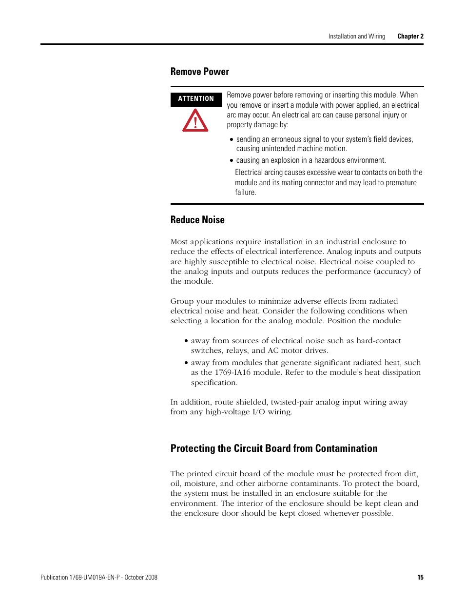 Remove power reduce noise, Protecting the circuit board from contamination | Rockwell Automation 1769-IF4FXOF2F Compact Combination Fast Analog I/O Module User Manual | Page 15 / 94